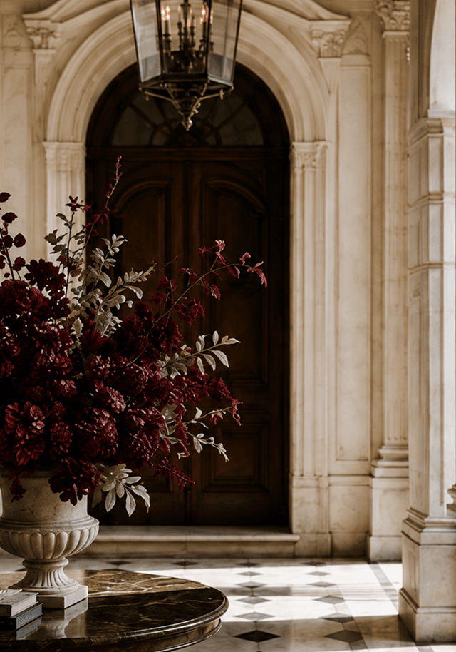 A grand arched doorway framed by deep burgundy florals.